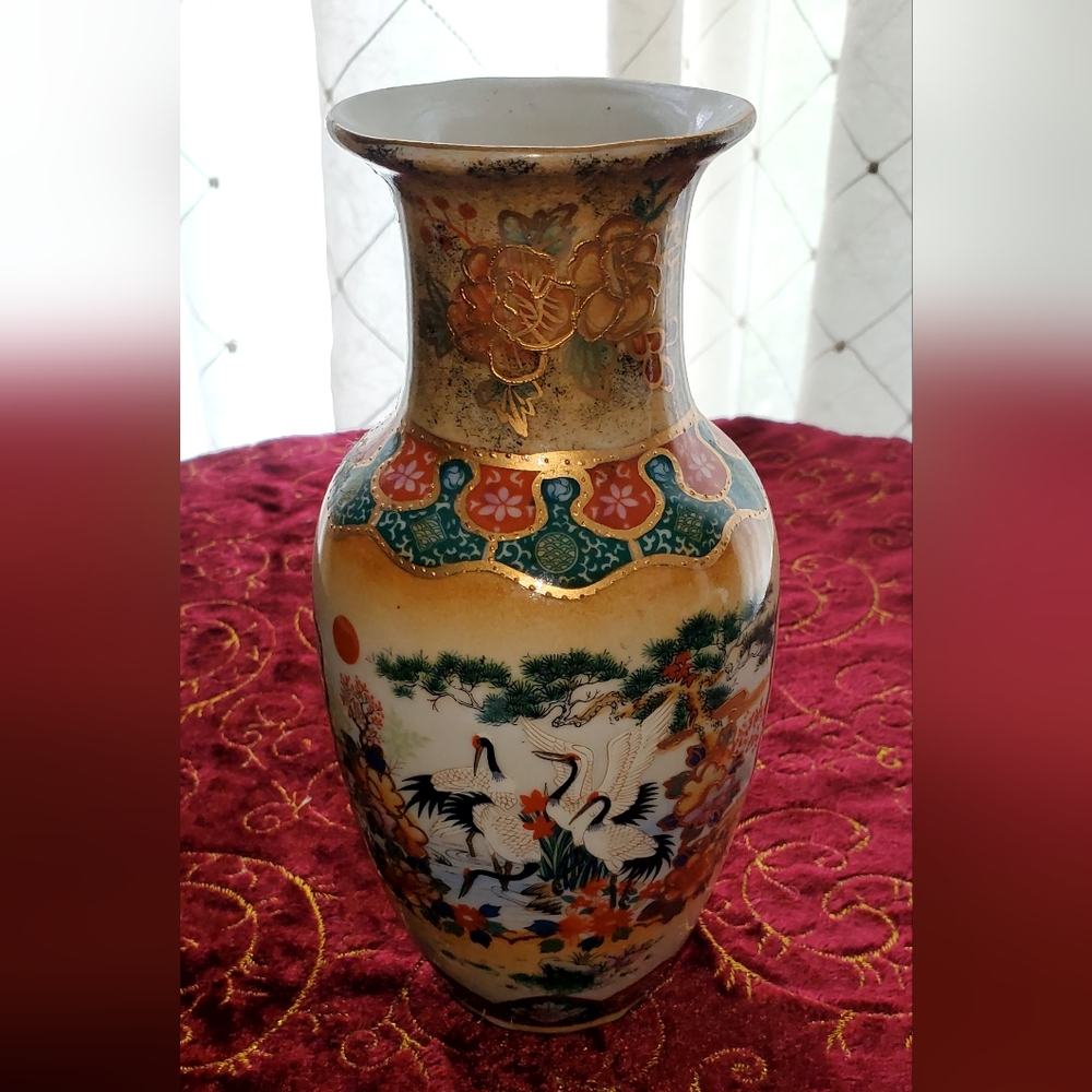 Colorful Ceramic Vase with Crane Design